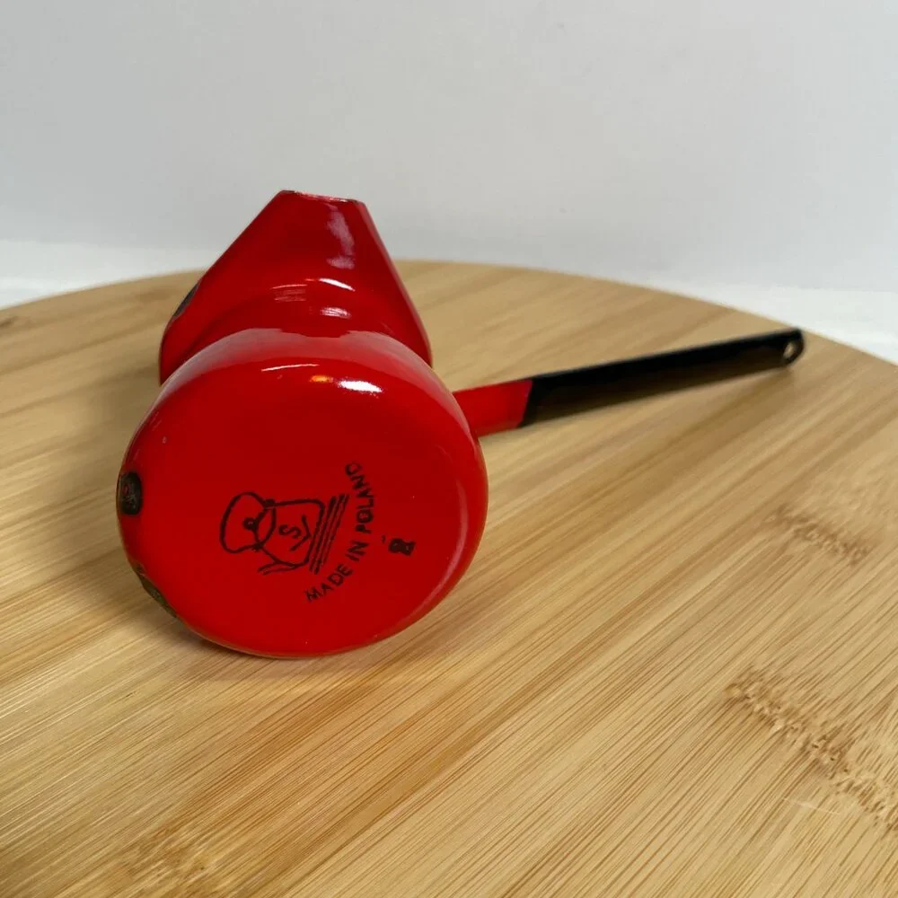 Vintage Red White Enamel Melting Pot Enamelware Butter Syrup Turkish Coffee